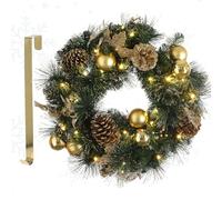 MeisterHome ® Couronne de Noël artificielle Couronne de l'Avent pour porte Ø 50 cm - Couronne de porte de Noël pour l'intérieur et l'extérieur avec 35 LED, minuterie et décoration dorée + crochet de