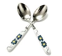 MEIYAHOME Lot de 2 cuillères élégantes myosotis de 20 cm - Acier inoxydable SUS304 18-10 de qualité supérieure avec poignée florale en céramique blanche - Cuillère de qualité alimentaire pour repas