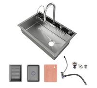 MEJE Évier cascade en acier inoxydable 80 x 50 cm, texture nid d'abeille, robinet avec cascade et combo extractible, revêtement nano, gris anthracite