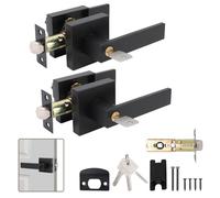 MEKOTRIN 2 Pack Poignées de Porte Intérieure avec Serrure et Clé, Poignée Carrée Noire Mate en Alliage d'Aluminium pour les Portes de Salle de Bains Chambre Bureau, Béquille Réversible Droite-Gauche