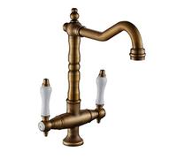 Mélangeur de Salle de Bains Antique en Laiton Massif pivotant à 360 degrés, Robinet de Cuisine Froid et Chaud, Robinet d'eau monotrou, Robinet de Cuisine avec aérateur, Double poignée montée sur