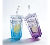 Melivarone Lot de 2 verres en forme d'étoile - Gobelets en verre de 300 ml avec couvercle et paille en verre dégradé de bleu et violet - Avec gobelet Bubble Tea et élégant ensemble de bols avec verres