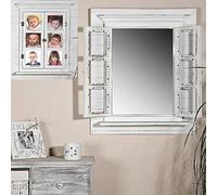 Melko Miroir mural avec volets - 64 x 54 cm - Blanc shabby chic - Fenêtre miroir avec étagère - Miroir suspendu avec fenêtre - Cadre photo 13 x 13 cm