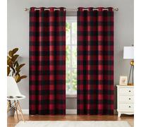 Melodieux Lot de 2 Rideaux occultants à Isolation Thermique avec œillets, Motif à Carreaux de Buffle pour Chambre à Coucher et Salon, 127 x 213 cm, Noir et Rouge