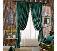 Melodieux Rideaux de fenêtre de Luxe en Velours avec Pompons pour Chambre à Coucher et Salon - Isolation Thermique - 132 x 213 cm - Vert Antique (1 Paire)