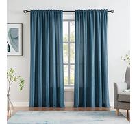 Melodieux Rideaux semi-transparents veloutés bleu foncé de 213,4 cm de long pour chambre à coucher, salon, texture coton naturel, rideaux transparents avec passe-tringle, 132,1 x 213,4 cm (2 panneaux)