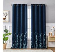 Melodieux Rideaux texturés en Lin avec Broderie Florale pour Salon, Chambre à Coucher, Rideau occultant à œillets, Bleu Marine/Bleu, 132,1 x 243,8 cm (1 Panneau)