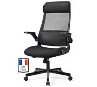 MELOKEA Chaise de Bureau, Fauteuil Bureau avec Accoudoirs Rabattables, Noir | Gain de Place, Appui-tête Réglable, Assise Moelleuse, Support Lombaire Ergonomique, Maille Respirante, Siège Bureau EN 1335