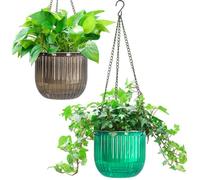 Melphoe Lot de 2 Pots de Fleurs à Suspendre à Auto-arrosage pour intérieur et extérieur, 16,5 cm, Panier de Fleurs Suspendu avec 3 Crochets et Trous de Drainage pour Jardin, Maison (émeraude + Gris)