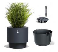 MELTOM Grand Pot de Fleurs H 28 cm Ø 30 cm Rond Anthracite à Réserve d’Eau | Pot à réserve d'eau intérieur et extérieur · indicateur de niveau d'eau · bac 10 L à poignées · sans trou · 17 L · lavable