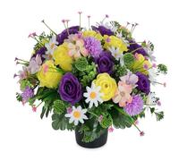 Memobloom Cimetiere Fleurs Artificielles en Pot, Violet Jaune | Rose Marguerite Fleur Artificielle avec Vase pour Cimetière Tombe Deco, Exterieur Tombale, Funéraire Decoration