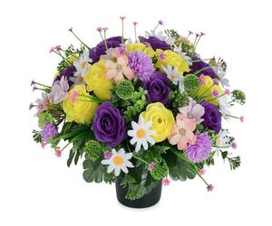 Memobloom Cimetiere Fleurs Artificielles en Pot, Violet Jaune | Rose Marguerite Fleur Artificielle avec Vase pour Cimetière Tombe Deco, Exterieur Tombale, Funéraire Decoration