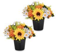Memobloom Fleurs Artificielles Cimetiere en Pot, 2 Pcs, Jaune Orange | Tournesol Artificiel Automne, Sunflower Bouquet avec Vase pour Cimetière Tombe Deco, Exterieur Tombale Funéraire Decoration
