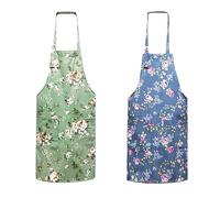 MEMOFYND 2pcs tabliers de cuisine pour femmes, tabliers vintage, tabliers floraux, tabliers de cuisson, tabliers de cuisine floraux pour femmes avec 2 poches (bleu, vert)