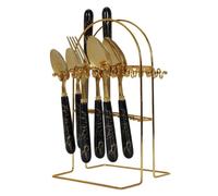 Ménagère 24 pièces en inox doré manches noirs en plastique et support assorti