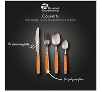 MENAGERE 24 PIECES TERRACOTTA - PRADEL EXCELLENCE - MANCHE ORANGE STYLE BISTROT - ACIER INOXYDABLE
