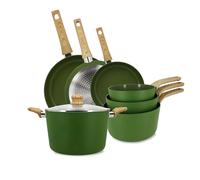 MENASTYL - Batterie de cuisine 7 pièces avec revêtement antiadhésif céramique (Sans PFAS/Sans PTFE) tous feux dont induction - 3 poêles, 3 casseroles, 1 faitout - Gamme Colorama - Olive - 6014187