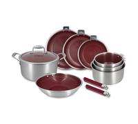 MENASTYL - Batterie de cuisine Aglaé 10 pièces en inox triply, 2 poignées - Céramique nid d'abeille antiadhésive sans PFAS - Tous feux induction - Lie de vin - Four et lave-vaisselle - Sans PTFE/PFOA