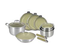 MENASTYL - Batterie de cuisine Aglaé 10 pièces en inox triply, 2 poignées - Céramique nid d'abeille antiadhésive sans PFAS - Tous feux induction - Vert sauge - Four et lave-vaisselle - Sans PTFE/PFOA