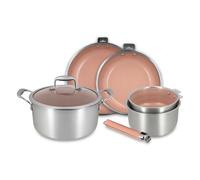 MENASTYL - Batterie de cuisine Aglaé 6 pièces en inox triply, 1 poignée - Céramique nid d'abeille antiadhésive sans PFAS - Tous feux induction - Rose Gold - Four et lave-vaisselle - Haute résistance