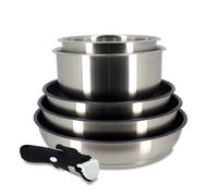 MENASTYL - Batterie de cuisine amovible 6 pièces en inox IRIS - 3 poêles + 2 casseroles + poignée amovible sécuritaire - Tous feux dont induction - Acier inoxydable - Sans PFOA/Sans BPA - 7930018