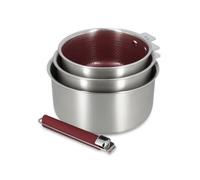 MENASTYL - Lot de 3 casseroles amovibles Aglaé 16/18/20 cm en inox triply avec poignée - Céramique nid d'abeille antiadhésive sans PFAS - Induction - Lie de vin - Four et lave-vaisselle - Inox poli