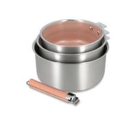 MENASTYL - Lot de 3 casseroles amovibles Aglaé 16/18/20 cm en inox triply avec poignée - Céramique nid d'abeille antiadhésive sans PFAS - Induction - Rose Gold - Four et lave-vaisselle - Inox poli