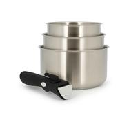 MENASTYL - Lot de 3 casseroles inox 18/10 amovibles Iris Inox sans PFAS - Tous feux dont induction, four, réfrigérateur et lave-vaisselle - Empilables et résistantes - Poignée double sécurité