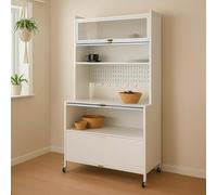 Armoire de cuisine HWC-O53, étagère de cuisine armoire plan de travail compartiments d'armoire à roulettes métal 175x80x42cm ~ blanc