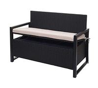 Poly-Rattan Banc 2 places HWC-F39, Banc de jardin coffre, compartiment de rangement Coussin d'assise ~ anthracite, coussin beige