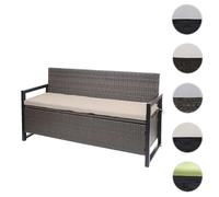 Mendler Banc de jardin Poly-Rattan HWC-F39, 3 places, coffre, gris chiné, coussin beige
