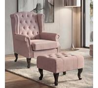 Mendler Fauteuil Chesterfield Rose Clair avec ottomane
