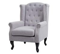 Mendler Fauteuil de luxe Chesterfield à oreilles, tissu hydrofuge, gris sans ottomane