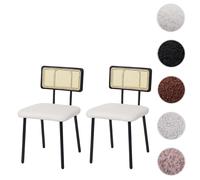 Lot de 2 chaises de salle à manger HWC-K88, fauteuil chaise, certifié FSC bois poly rotin métal bouclé tissu/textile blanc