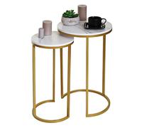 lot de 2 tables d'appoint HWC-K46, table basse table de chevet table de salon, aspect marbre MDF ~ blanc-or