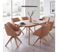 Lot de 6 chaises de salle à manger HWC-Q52, chaises de cuisine, chaises pivotantes, chaises rembourrées, chaises de table à manger, pivotantes, en bois et similicuir marron clair