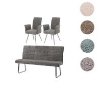 Set de salle à manger HWC-G55, set de 2 chaises avec accoudoirs+banc 180cm, inox brossé tissu/textile chenille gris foncé