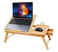 MENGDA Table de lit en bambou pour ordinateur portable avec tiroir et Trous d'aération - Table de Lit Support PC Pliable en Bambou