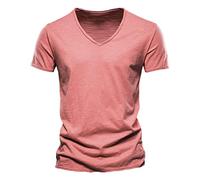 Mens V Neck Slub Cotton T Shirt Casual Solid Colour Short Sleeve Lightweight Breathable Summer Tee Comfortable Classic Top Holiday Outdoor Daily Wear, 08-Red, XL