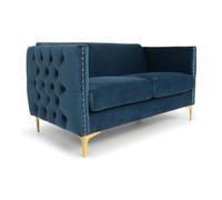 Menzzo Canapé 2 Places L145 cm Joshua Velours Bleu - Canapé Capitonné Design Chic avec Pieds Métal Doré - Canapé Compact Confortable pour Salon & Petit Espace