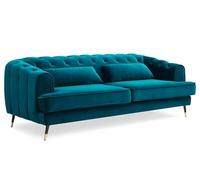 Menzzo Canapé 3 Places GLAMS Capitonné Velours Bleu Canard - Canapé Design Style Boudoir Chic 200 cm - Salon Élégant Moderne avec Pieds Dorés