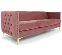 Menzzo Canapé 3 Places Joshua en Velours Rose - Canapé Droit Chic & Confortable - Accoudoirs capitonnés & Pieds métal doré - Style Moderne & déco Salon
