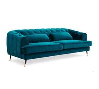 Menzzo Canapé 3 Places GLAMS Capitonné Velours Bleu Canard - Canapé Design Style Boudoir Chic 200 cm - Salon Élégant Moderne avec Pieds Dorés