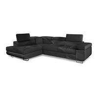 Menzzo Canape Convertible d’Angle Simili Noir - Pieds chromés - Canape Lit avec têtière relevable, Large Accoudoir et Coussins Moelleux - Assise Confortable