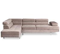 Menzzo Canapé d’Angle Alfa Velours Taupe - 5 Places avec Têtières Relevables - Canapé Design Moderne Confortable pour Salon Contemporain