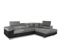 Menzzo Canapé d’Angle Convertible 6 Places ANTONI - Simili Noir & Tissu Gris Foncé - L275 cm - Têtières Relevables & Couchage