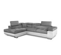Menzzo Canapé d’Angle Convertible ANTONI 6 Places - Simili Blanc & Tissu Gris Clair - Têtières relevables - Couchage intégré - L275 x P202 x H90 cm