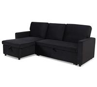 Menzzo Canapé d’Angle Convertible BALEARES 5 Places en Velours Noir - Réversible avec Lit Intégré et Coffre - Couchage 99 x 186 cm - L215 x P129 x H86 cm