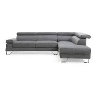 MENZZO Canapé d'angle avec têtières relevables Quentin Velours Gris Foncé -L260 x P170 x H74 cm