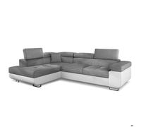 Menzzo Canapé d’Angle Convertible ANTONI 6 Places - Simili Blanc & Tissu Gris Clair - Têtières relevables - Couchage intégré - L275 x P202 x H90 cm